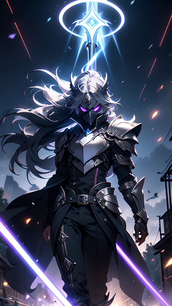 ((masterpiece)), (best quality), (ultra-detailed), (best illustration), (best illumination), photorealistic, 1boy, solo, long hair, white hair, black sclera of eyes, lilac eyes, black armor, lilac armor, multicolored armor, hammer hero, crazy, metal halo behind, dark aura, obsession, glowing pupils, full body, flying in air, ruins scenery, dark sky, mask on full face, no face, mask.