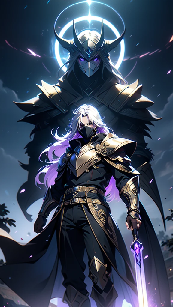 ((masterpiece)), (best quality), (ultra-detailed), (best illustration), (best illumination), photorealistic, 1boy, solo, long hair, white hair, black sclera of eyes, lilac eyes, black armor, lilac armor, multicolored armor, hammer hero, crazy, metal halo behind, dark aura, obsession, glowing pupils, full body, flying in air, ruins scenery, dark sky, mask on full face, no face, mask.