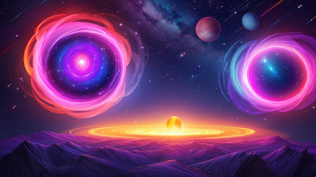 "A vibrant digital painting of a cosmic explosion, with vibrant, brilliant colors. In the center, a luminous figure, representing God, extends his hand over the primordial chaos. Particles of light scatter in all directions, forming galaxies, stars and planets. The camera pulls back, revealing an ever-expanding universe. The color palette is rich and varied, with shades of blue, purple, pink and gold. The image conveys a sense of grandeur, beauty and wonder.