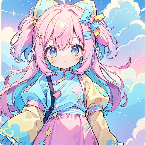 "kawaii, cute, adorable girl in pink, yellow, and baby blue color scheme. she wears sky-themed clothing with clouds and sky moti...