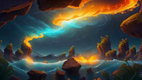 "a vibrant digital painting of a dark, turbulent, primordial ocean. a bright beam of light, representing the word of god, cuts t...