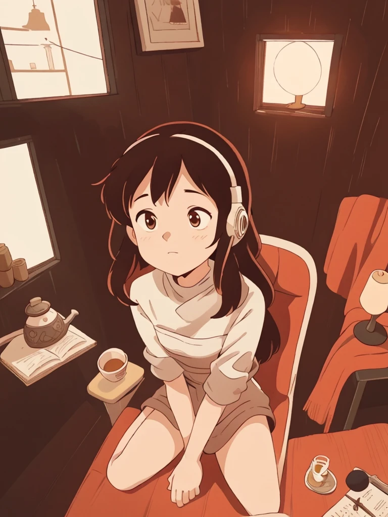 (((Full body))), A young woman is sitting comfortably in a modern, long hair, brown hair, cozy room with a cityscape visible through a large window at night. The main object of focus is the woman, who appears to be in her late teens or early twenties. She has long, wavy brown hair and is wearing a pair of large over-ear headphones. Her eyes are closed, and she has a serene, relaxed expression on her face as she listens to music. The woman is seated in a plush armchair, which is positioned to the right of a wooden desk. On the desk, there is a modern desktop computer, a ceramic coffee mug, and a small potted plant. A desk lamp with a warm, yellow glow is placed on the left side of the desk, casting a soft light over the scene. The light from the lamp is the primary light source, illuminating the woman and creating gentle shadows around her. In the background, the large window offers a stunning view of the city at night, with numerous skyscrapers and their illuminated windows creating a vibrant, urban atmosphere. The room itself is painted in neutral tones, with the walls adorned with minimalistic decor. The overall color scheme of the image features warm tones from the lamp and the cooler tones of the night cityscape, creating a balanced and visually appealing contrast. The perspective of the image is from a slight angle, allowing for a clear view of the woman, the desk, and the background cityscape. The size of the image is rectangular, with a wide aspect ratio that captures the breadth of the scene. The theme of the image is calm and relaxation, with an emphasis on the soothing environment and the woman's peaceful state.