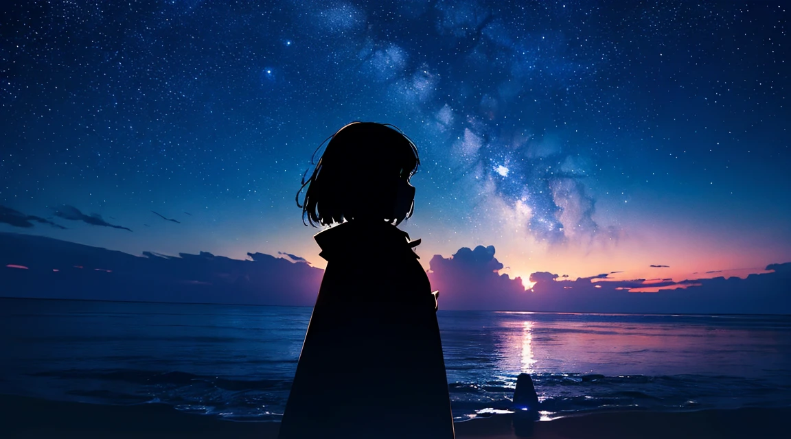 anime、(masterpiece:1.2),(Amazingly absurd:1.2),High resolution,Very detailed,Breathtaking creations,Starry sky themed artwork、White sand beach、Woman Looking at the Stars、Black silhouette、((Traveler from Another World、Cape))、Gazing at the sky、Beautiful Effects、Light Generation、shooting star