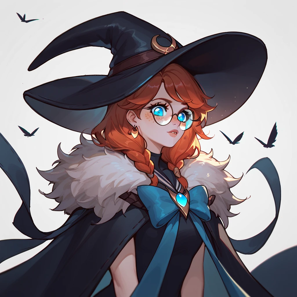 score_9, score_8_up, score_7_up, aurora (league of legends), 1girl, blue eyes, bunny ears, black witch hat, freckles, bangs, braid, sexy, full body, round glasses, earrings, red hair, long eyelashes, Sailor Moon