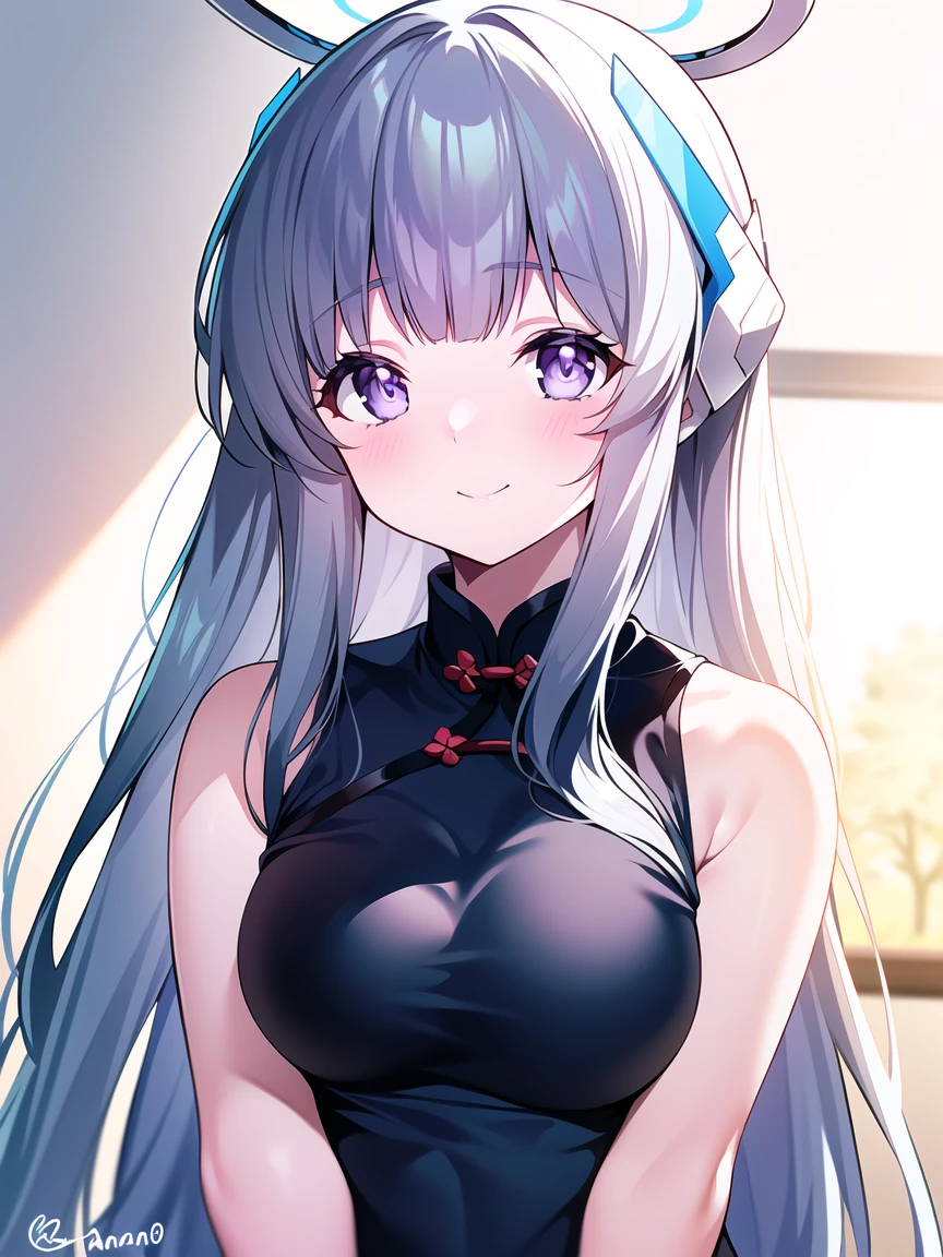 (A peerless beautiful girl), noa(blue archive), aanoa, ushio noa, (8k Ultra HD, Ultra high resolution), (masterpiece:1.3), (((best quality, purple eyes, finely detailed beautiful eyes, Sleepy eyes))), extremely delicate, upper body shot, solo, real light and shadow, (standing, closed mouth:1.3), enjoy, smile, (platinum hair), long straight hair, Chinese Style, (white cheongsam), mechanical halo, headgear, looking at viewer,