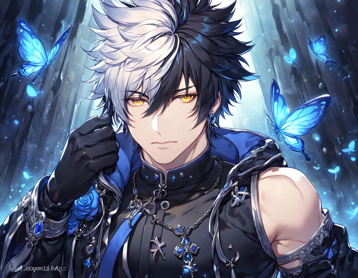 absurdres, highres, ultra detailed, HDR, master piece, best quality, extremely detailed, detailed face, detailed eyes, Raven, spiked hair, bicolor hair, right side black hair, left side white hair, expressive yellow eyes, Elsword, solo, sexy man, handsome, manly man, adult face, black coat, sleeveless, detached sleeves, cross necklace, black gloves, magical, fantasy, under a blue tree, blue flames, blue moon, blue fireflies, blue roses, blue butterflies, glass magic