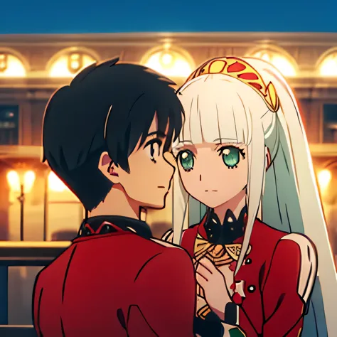 1 boy with black hair, red jacket romantically kissing a girl in a red and white dress long light green hair and green eyes, bri...