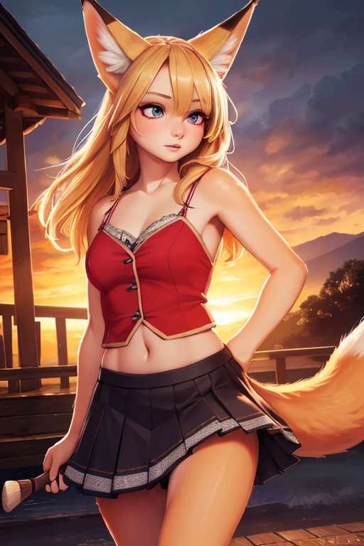 1girl, blonde hair, fox ear hair, multiple fox tails, oripathy injury, flared summer skirt, holding own tail, hairbrush, jumping excitedly, wooden pedestrian bridge, (best quality,4k,8k,highres,masterpiece:1.2),ultra-detailed,(realistic,photorealistic,photo-realistic:1.37),detailed eyes,detailed lips,extremely detailed eyes and face,long eyelashes,digital painting,vibrant colors,dramatic lighting,cinematic composition