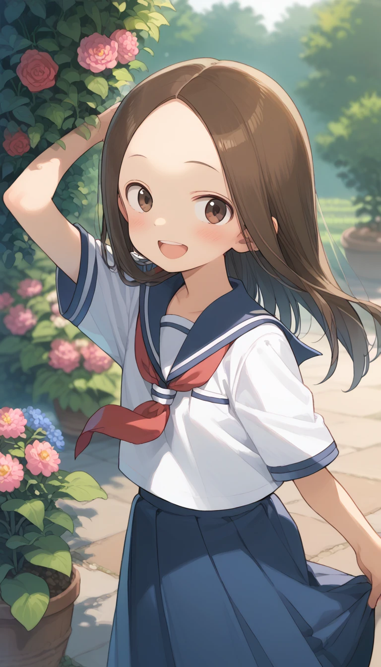 score_9, score_8_up, score_7_up, source_anime, (masterpiece), best quality, expressive eyes, perfect eyes, perfect face, 1girl, {looking at viewer}, garden, outdoors, takagi-san, takagi, brown hair, brown eyes, long hair, white serafuku, blue stripes, blue skirt, red necktie, Laugh, Dancing gracefully