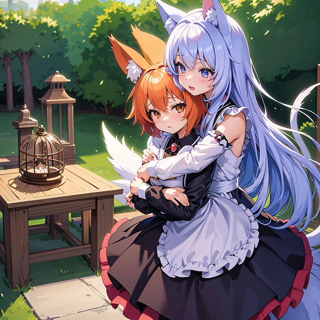 Anime Girl with a bird cage and a cat in her arms, very beautiful anime cat girl, pixiv, Fox Girl, beautiful anime catgirl, Anime cat girl in maid costume, Cute anime catgirl, (Anime Girl), Pixiv competition winner, Cute anime, with kitsune mask, pixiv style, anime catgirl, Alchemy Girl