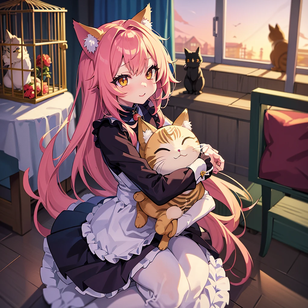 Anime Girl with a bird cage and a cat in her arms, Animation by Shitao, pixiv, Furry Art, very beautiful anime cat girl, beautiful anime catgirl, Fox Girl, Anime cat girl in maid costume, Cute anime catgirl, (Anime Girl), Cute anime, with kitsune mask, pixiv style, anime catgirl