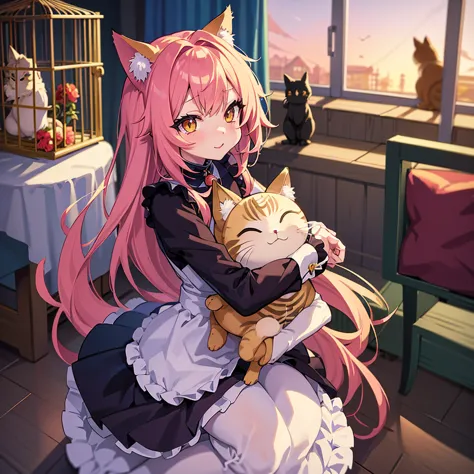 anime girl with a bird cage and a cat in her arms, animation by shitao, pixiv, furry art, very beautiful anime cat girl, beautif...