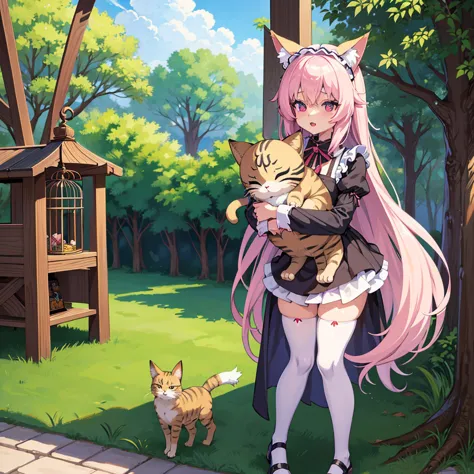 anime girl with a bird cage and a cat in her arms, animation by shitao, pixiv, furry art, very beautiful anime cat girl, beautif...