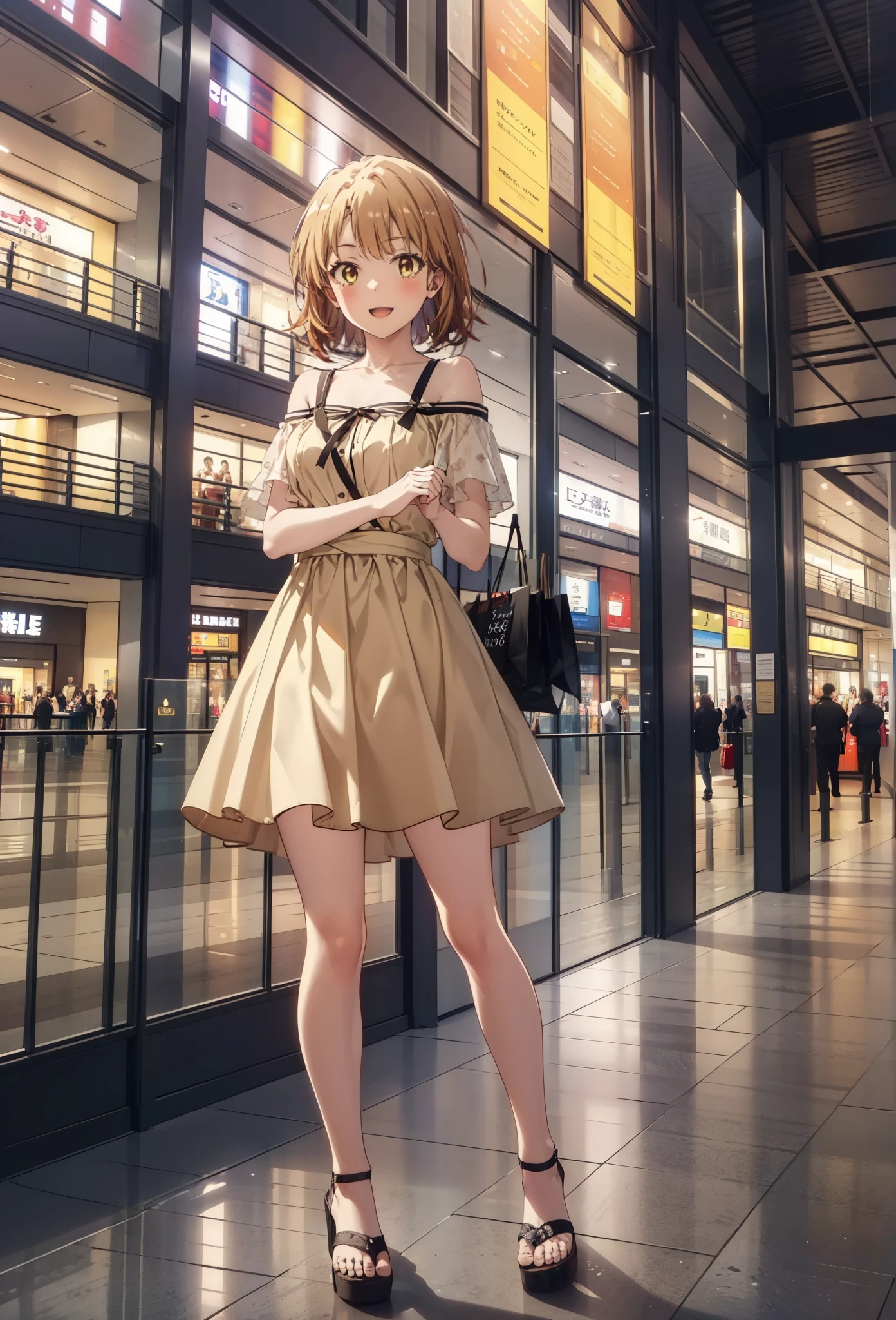 Irohaisshiki, isshiki iroha, short hair, Brown Hair, (Brown eyes:1.5), smile,Open your mouth,smile,Off-the-shoulder yellow dress,mini skirt,Cute heeled sandals,Walking,whole bodyがイラストに入るように,
break indoors,Shopping mall, 
break looking at viewer,whole body, (Cowboy Shot:1),
break (masterpiece:1.2), Highest quality, High resolution, unity 8k wallpaper, (figure:0.8), (Beautiful attention to detail:1.6), Highly detailed face, Perfect lighting, Highly detailed CG, (Perfect hands, Perfect Anatomy),