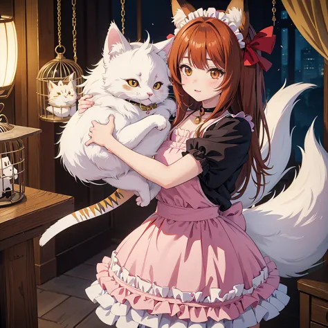 anime girl with a bird cage and a cat in her arms, animation by shitao, pixiv, furry art, very beautiful anime cat girl, beautif...