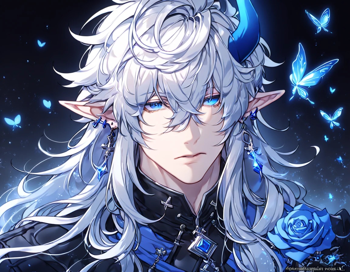 absurdres, highres, ultra detailed, HDR, master piece, best quality, extremely detailed, detailed face, Ciel, white hair, long hair, messy hair, hair over the left eye, expressive blue eyes, slightly pointed ears, Elsword, cross earrings, blue horn, demon, solo, sexy man, handsome, manly man, adult face, black leather coat, blue V-shirt, black scarf, magical, fantasy, under a blue tree, blue flames, magical forest, blue fireflies, blue roses, blue butterflies, glass magic