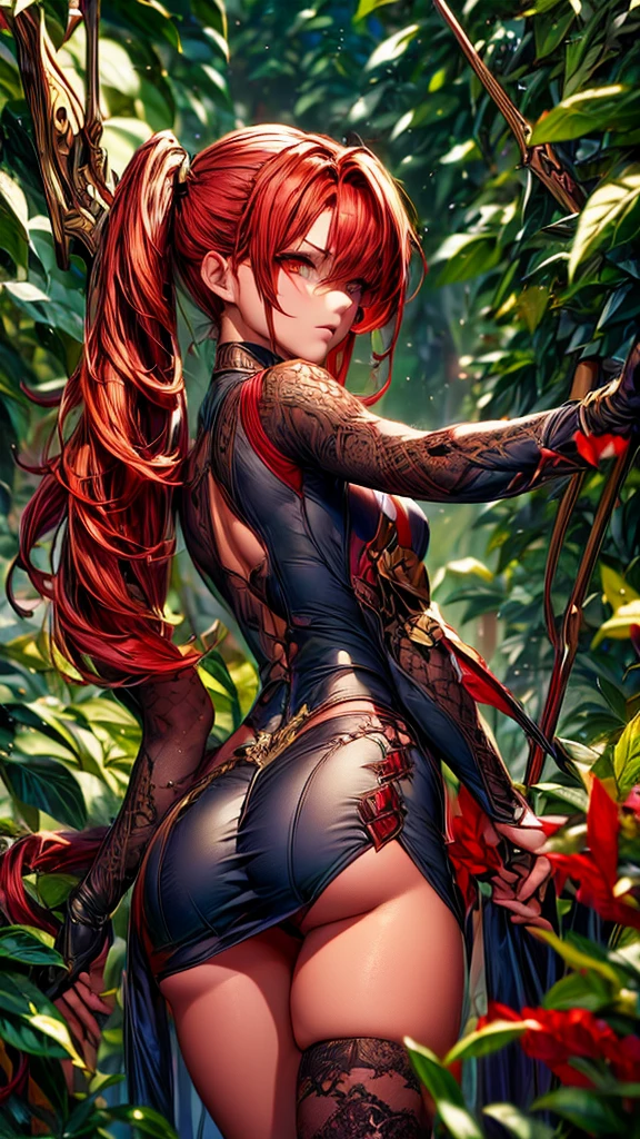 (detailed background,dark fantasy),(beautiful detailed face),(1 girl,solo,red hair,sharp face,low twintails,golden eyes,hair between eyes,dynamic angle),full body,bow,archer,flying arrows,genshin impact,Yoimiya