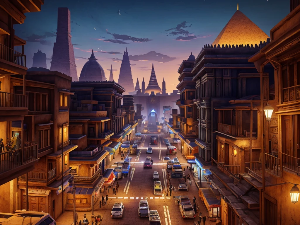 Concept art Enviroment design streets of Aztec city with futuristic technological advances, pyramids, temples, altars, modern city, hardsurface, Nighttime setting, cover videogame