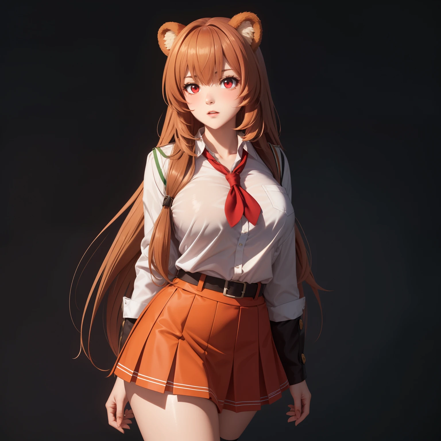 Raphtalia, woman 22 orange-blond hair , bear ears, Red eyes como rubíes. Red eyes, confused expression, big breasts.  white school shirt, short green skirt. background a school. uniform 