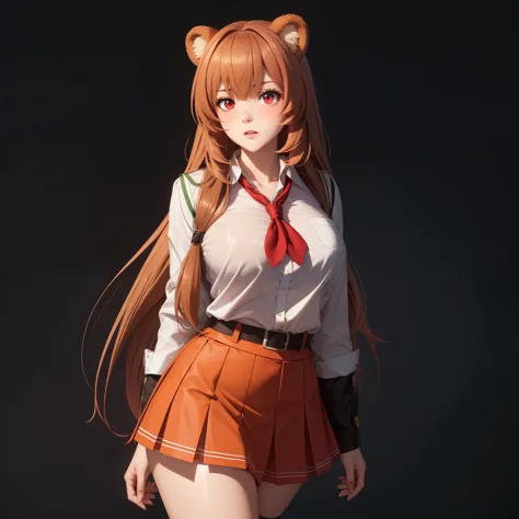 raphtalia, woman 22 orange-blond hair , bear ears, red eyes como rubíes. red eyes, confused expression, big breasts.  white scho...