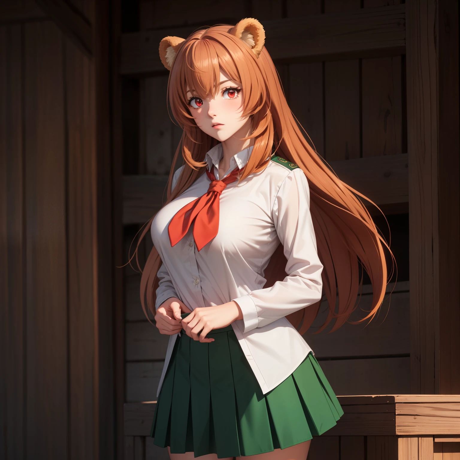 Raphtalia, woman 22 orange-blond hair , bear ears, Red eyes como rubíes. Red eyes, confused expression, big breasts.  white school shirt, short green skirt. background a school. uniform 