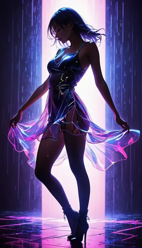 a stunning futuristic portrait of a 1 sissygirl dressed in a captivating nano-dress that reveals her figure. the sheer, iridesce...