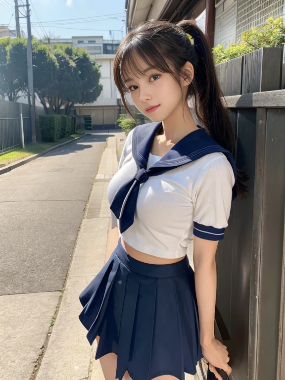 (Ultra HD), (look at me), (The whole body is projected), (Short-sleeved sailor uniform, Navy blue low rise mini skirt), Big Breasts, thin, Tight waist, (thin脚:1.2), (thin太もも:1.2), (thin腰:1.4), (Beautiful Skin, Glowing Skin, White skin), (Super slim face, Super beautiful face, No makeup, smile:0.6), (ponytail, Layered Cut, Fluffy hair、Shortcuts), (double eyelid, )、Beautiful Eyes、 Small Nose, Thin lips, Are standing, In front of the school gate
