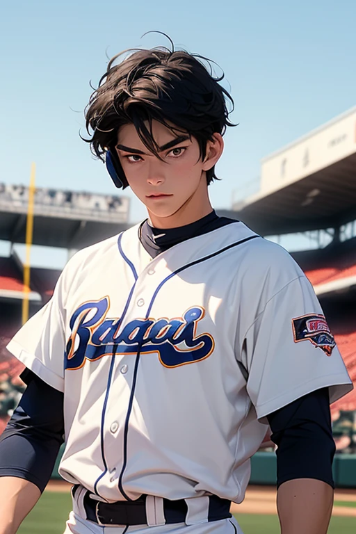 Highest quality,Ultra HD,Manga Style,A high school baseball player is standing wearing a baseball uniform, Height 179cm, Well-balanced, muscular build. He has black hair and wears a helmet,(The eyes are large but sharp.), Sharp jawline, fitted baseball uniform, Capped, (Standing with a bat),((Stadium background))