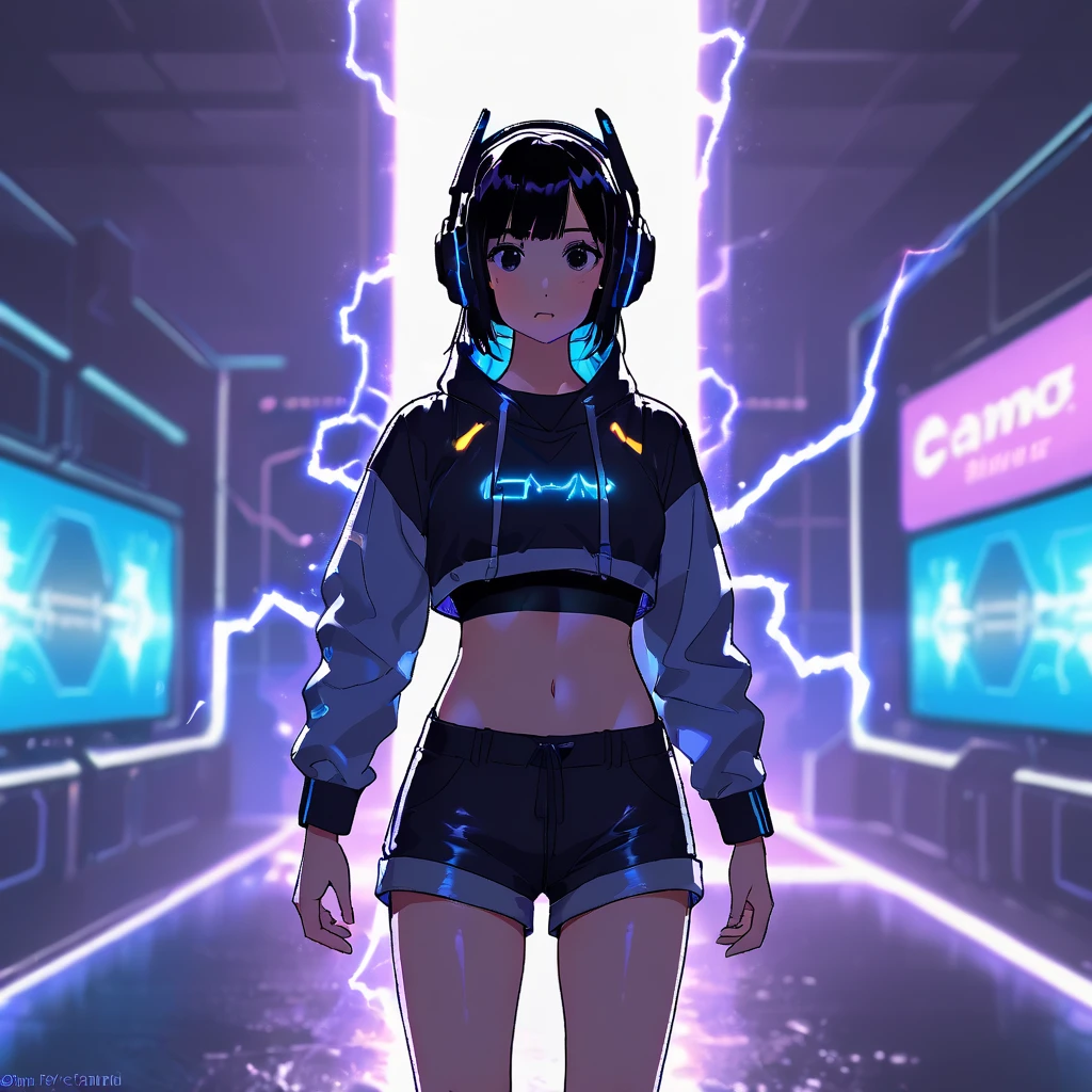 girl, pretty, crop top, short shorts, futuristic, gamer, background with rays of electricity