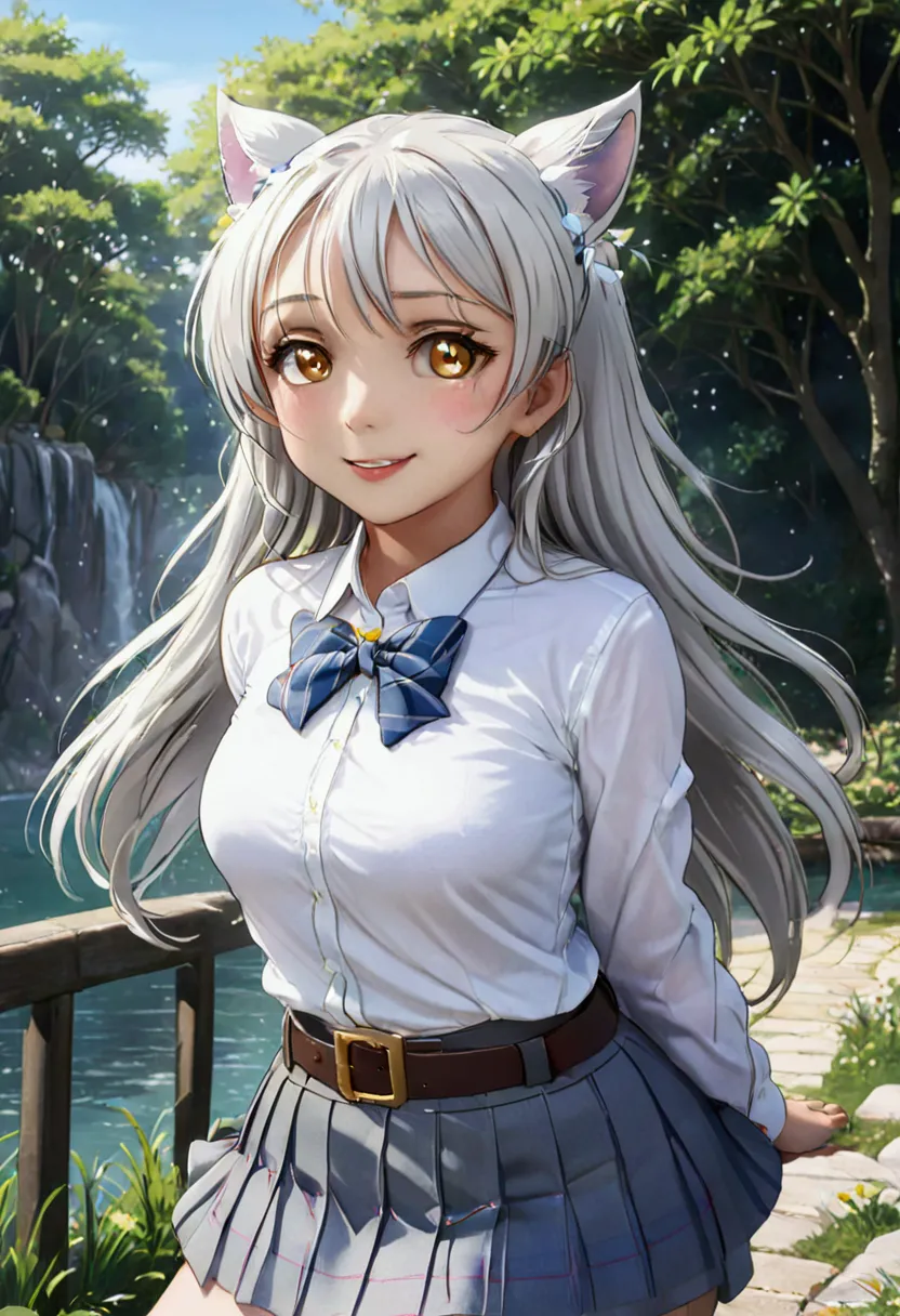 1girl, yellow eyes, long hair, white hair, sitting, cewe-sma, from fitting, white shirt, gray skirt, belt, looking at viewer, li...