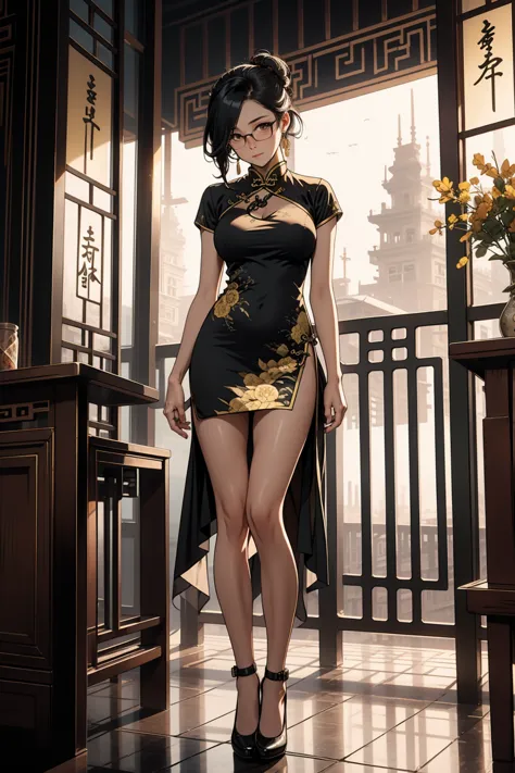 1 girl, black updo hair, glasses, tall girl, large breast, wearing traditional yellow and black cheongsam , standing, outside ba...