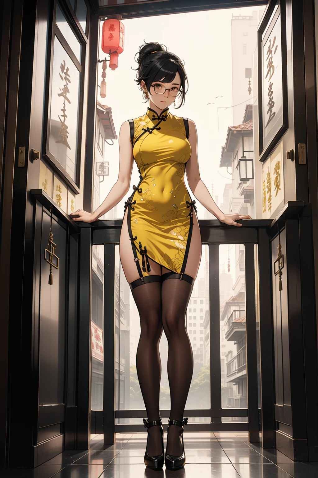 1 girl, black updo hair, glasses, tall girl, large breast, wearing traditional yellow and black cheongsam , standing, outside balcony house, fullbody shot,, curios face, detail eyes, detail face, blushing, standing on floor, 