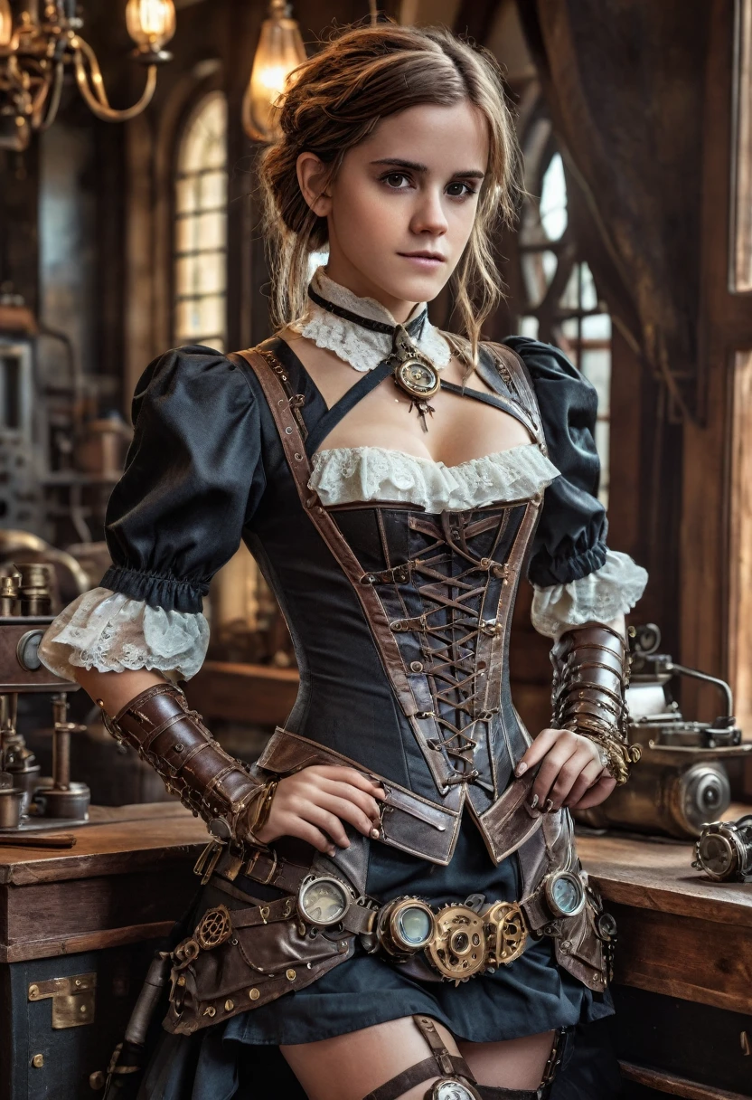 Emma Watson as beautiful stunning steampunk woman, full body, ultra-detailed eyes, ultra-detailed body, nice perfect face with perfect soft skinice face, stunning female body, ultra-detailed hands, masterpiece fantasy art concept, XF IQ4, 150MP, 50mm, ISO 1000, 1/250s, natural light, Adobe Lightroom, photolab, Affinity Photo, PhotoDirector 365, soft lighting, dynamic angle, realistic lighting, photo by Robert Adams,  (natural skin texture, hyperrealism, soft light, sharp: 1.2), (intricate details: 1.12), hdr masterpiece, best quality, (highly detailed photo: 1.1), 8k, realistic photo, (SFW),