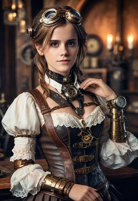 emma watson as beautiful stunning steampunk woman, full body, ultra-detailed eyes, ultra-detailed body, nice perfect face with p...