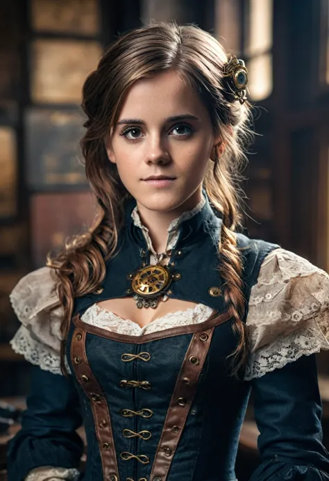 emma watson as beautiful stunning steampunk woman, full body, ultra-detailed eyes, ultra-detailed body, nice perfect face with p...