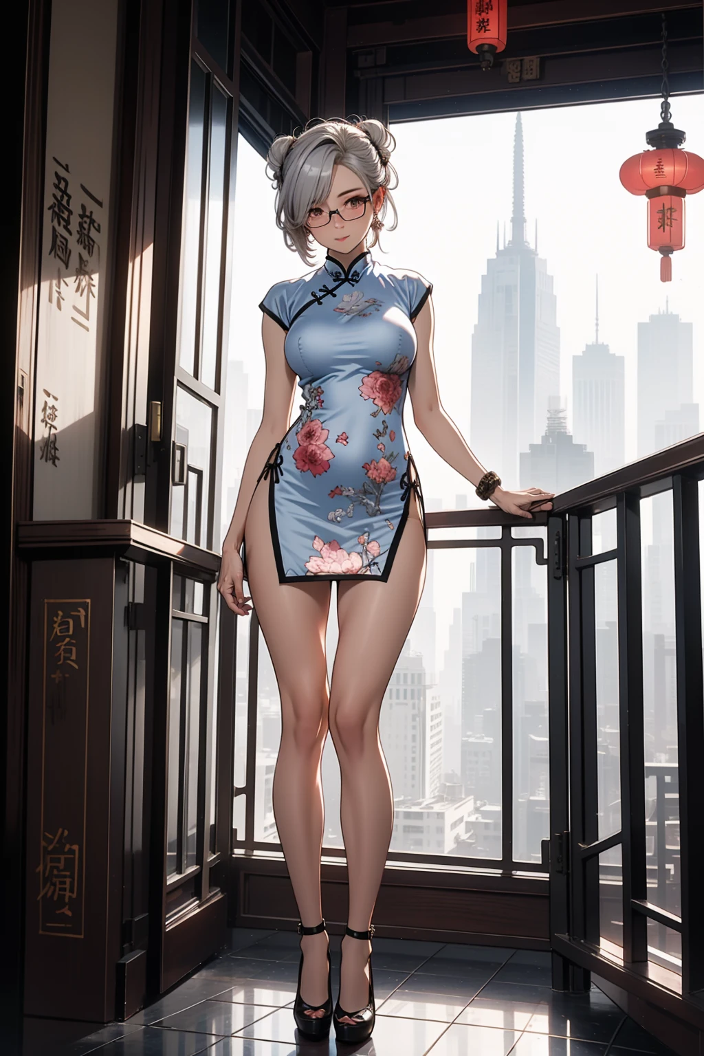 1 girl, silver white updo hair, glasses, tall girl, large breast, wearing traditional blue neon cheongsam , standing, outside balcony house, fullbody shot,, flirty face, detail eyes, detail face, blushing, standing on floor, 