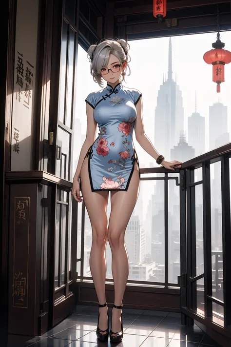 1 girl, silver white updo hair, glasses, tall girl, large breast, wearing traditional blue neon cheongsam , standing, outside ba...