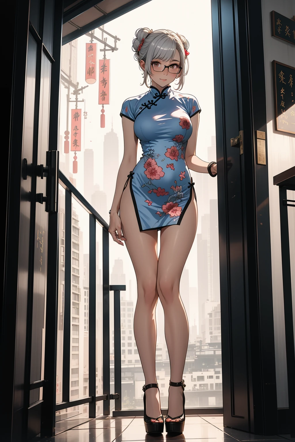 1 girl, silver white updo hair, glasses, tall girl, large breast, wearing traditional blue neon cheongsam , standing, outside balcony house, fullbody shot,, flirty face, detail eyes, detail face, blushing, standing on floor, 