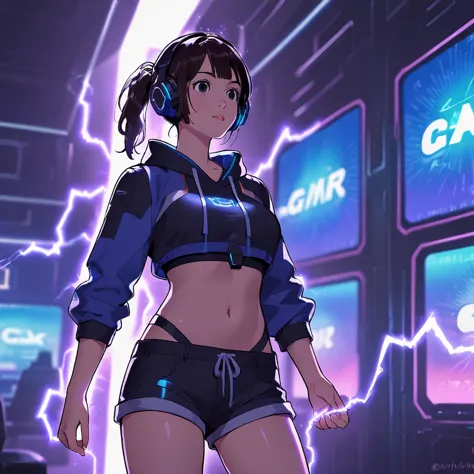 girl, pretty, crop top, short shorts, futuristic, gamer, background with rays of electricity