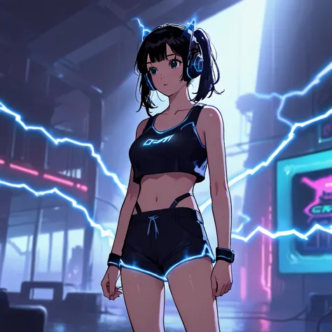 girl, pretty, crop top, short shorts, futuristic, gamer, background with rays of electricity