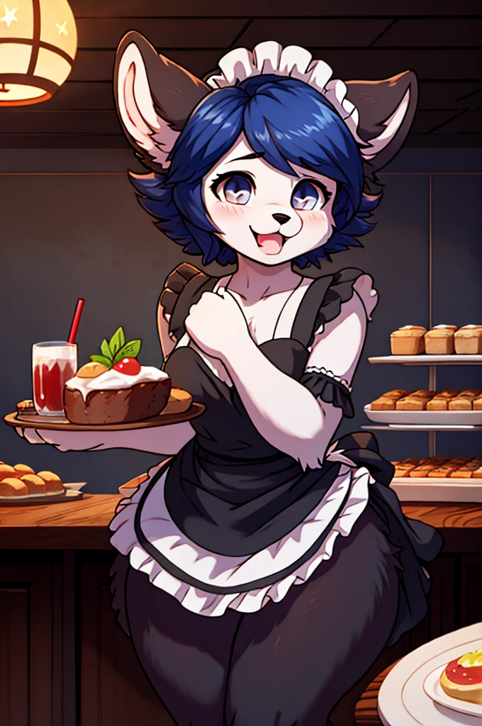 1 girl, solitary, PKA, black fur, short hair, dark blue hair, white locks, messy fur, Ahegao, big hips. meaty thighs, fur all over the body, dark gray eyes, sad eyes, blind pupil, very nervous, slight smile, maid, takes a maid, looking at the viewer, holding a tray with drinks, floppy ears