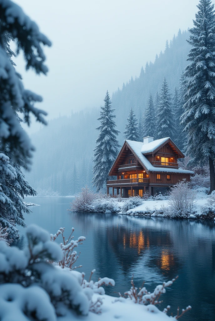 a snowy landscape, a lakeside villa, detailed wooden architecture, a frozen lake, snow-covered pine trees, dramatic lighting, warm tones, atmospheric mood, cinematic composition, (best quality,4k,8k,highres,masterpiece:1.2),ultra-detailed,(realistic,photorealistic,photo-realistic:1.37),HDR,UHD,studio lighting,extremely detailed,professional,vivid colors,landscape