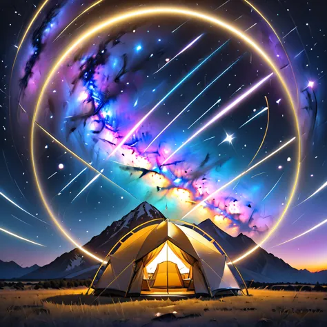 glamping、symbol、three-dimensional、shine、shine、gold、the background is a large galaxy