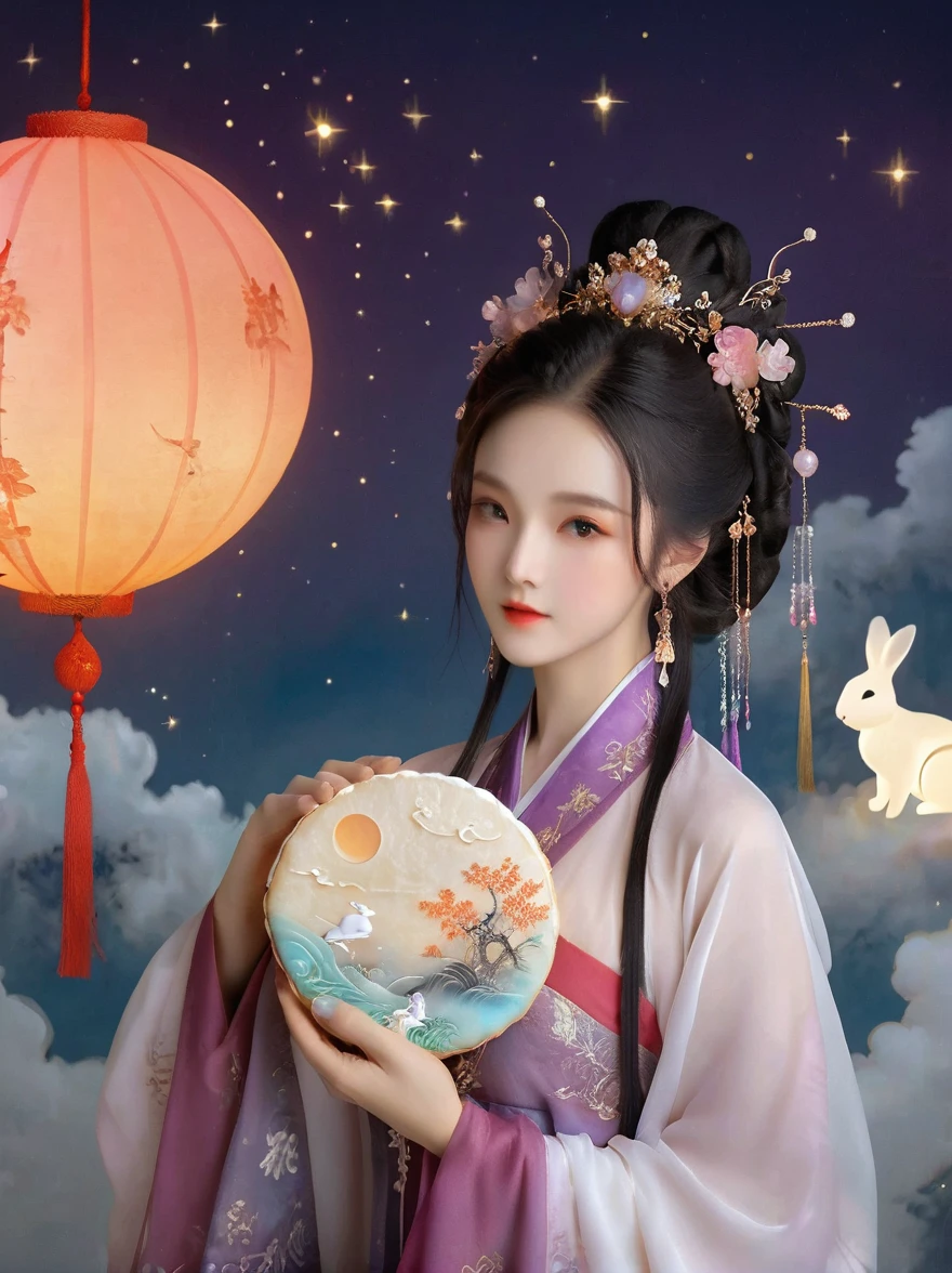 Dunhuang art style，Extremely long-distance lens, Surreal space，Mid-Autumn Festival，(sweet and delicious giant round mooncakes)，Ancient mythology，Hanfu，1个身穿Hanfu的可爱女孩，Beautiful girl，Perfect face，Pampering beauty，Wearing traditional silk clothing，Silk clothing looks soft and warm in the moonlight，Fluffy love heart，Fluffy clouds，Beautiful moon，(White rabbit:1.7)，(Laurel:1.5)，(Osmanthus fragrans:1.5)，Zen style，Shine under the stars，Interweaving of light and shadow，Ancient White，epic，Extremely delicate brushstrokes，reality，DJI Shooting，In a dream，A vibrant and fun way to set the stage，Blue, purple and pink tones，Bright，Art Illustration，Ultra HD，masterpiece，Precision，The human body is structurally correct，Textured Skin，Ultra Detail，8k
