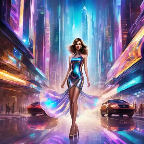 a stunning futuristic portrait of a 1 sissygirl brown hair dressed in a captivating nano-dress that reveals her figure. the shee...