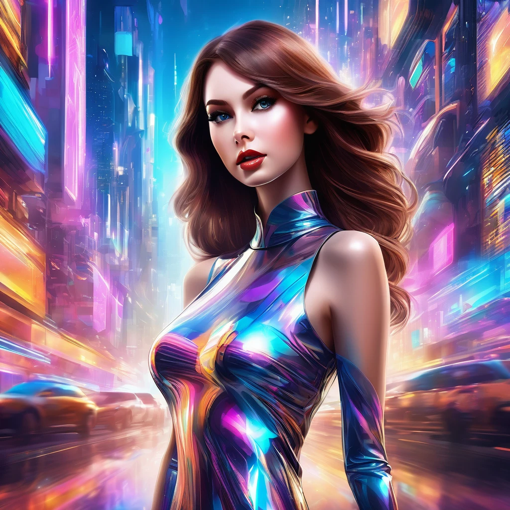 A stunning futuristic portrait of a 1 sissygirl brown hair dressed in a captivating nano-dress that reveals her figure. The sheer, iridescent material of the dress constantly shifts colors, creating a mesmerizing visual effect. The background showcases an abstract, surreal cityscape with floating skyscrapers and neon lights that add to the sci-fi ambiance. The overall composition exudes an alluring, erotic vibe with a touch of dreamlike enchantment.