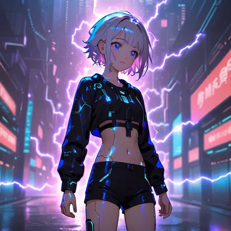 anime girl, pretty, vered hair, crop top, short shorts, futuristic girl, background with rays of electricity