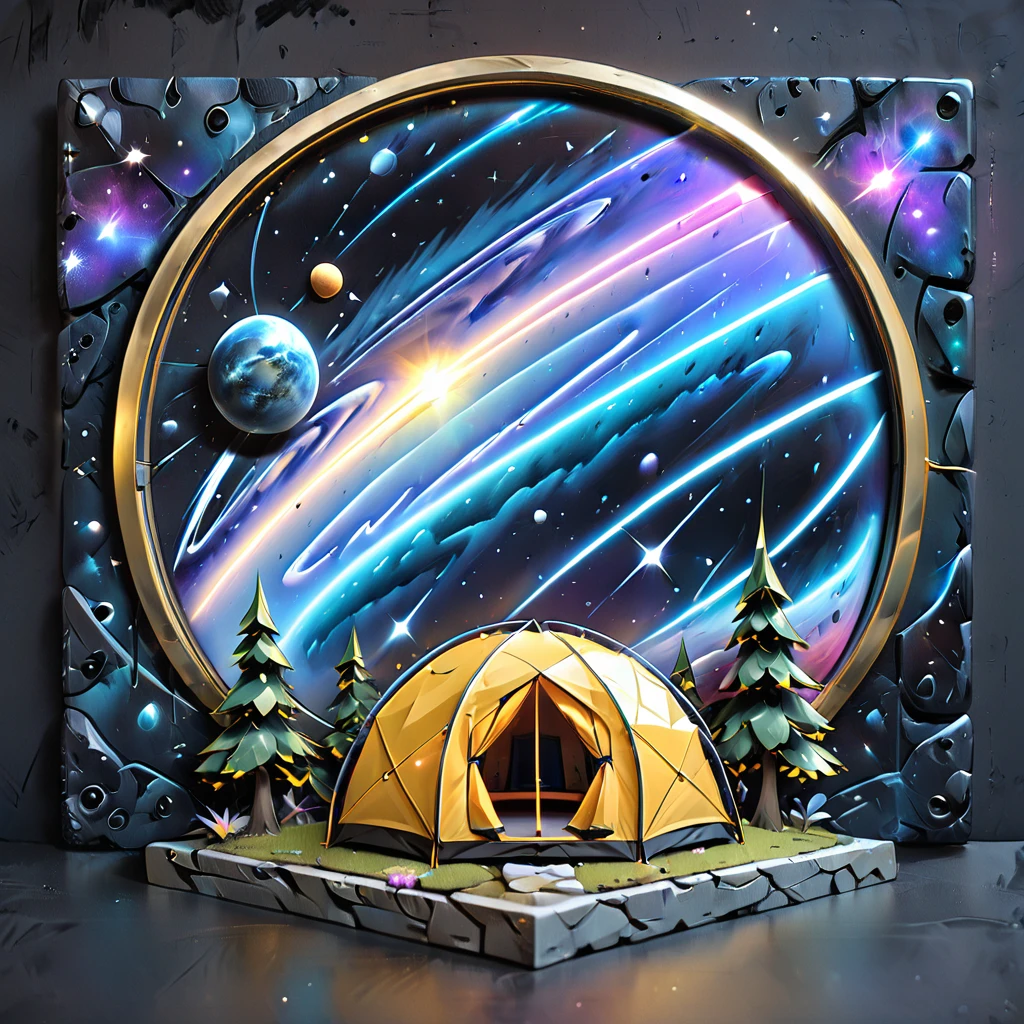 Glamping、symbol、Three-dimensional、Shine、Shine、gold、The background is a large galaxy