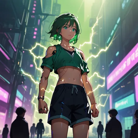 anime girl, pretty, green hair, crop top, boys shorts, futuristic girl, background with rays of electricity