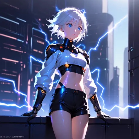 anime girl, pretty, short hair, white hair, crop top, short shorts, futuristic girl, background with rays of electricity